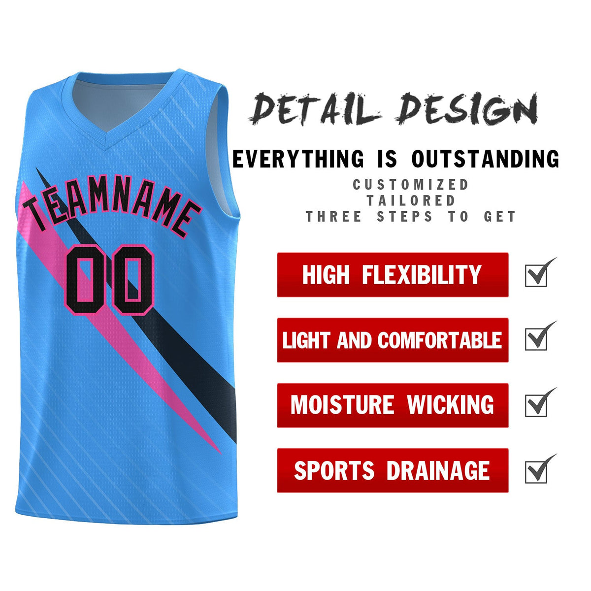 Custom Light Blue Diagonal Pinstripe Pattern Color Block Sports Uniform Basketball Jersey