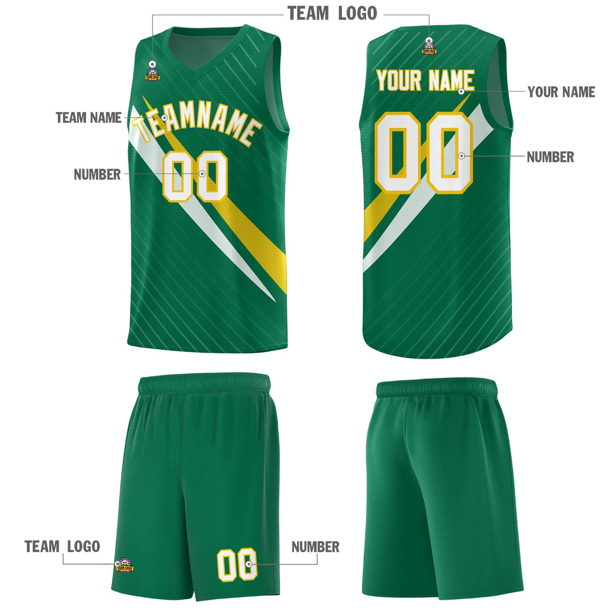 Custom Kelly Green Diagonal Pinstripe Pattern Color Block Sports Uniform Basketball Jersey