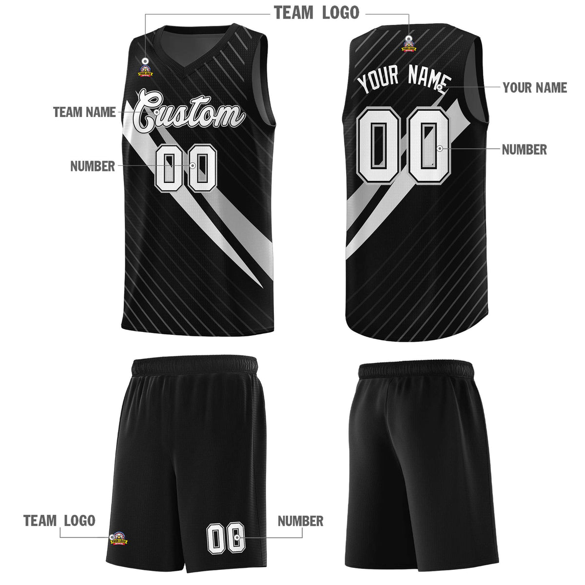 Custom Black Diagonal Pinstripe Pattern Color Block Sports Uniform Basketball Jersey