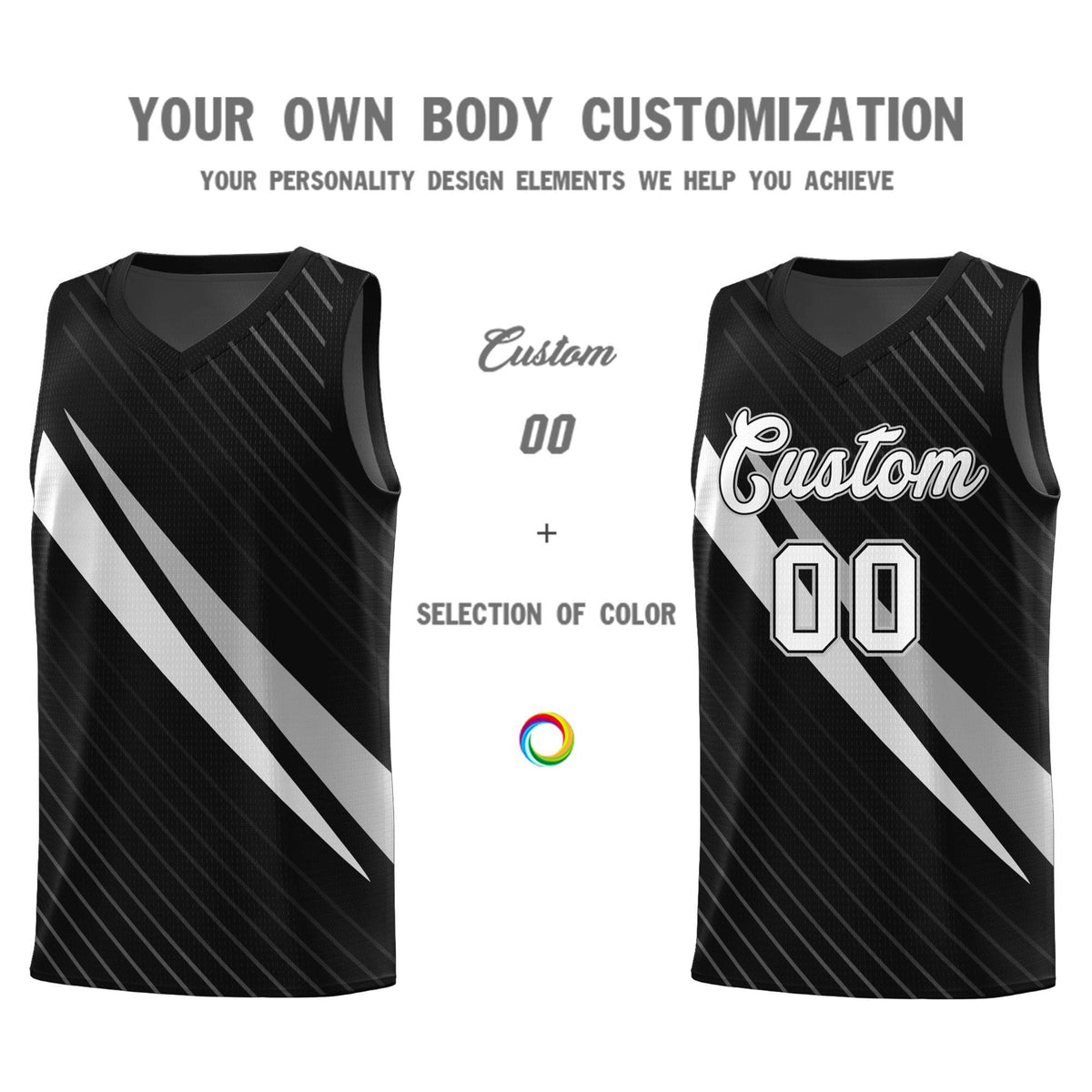 Custom Black Diagonal Pinstripe Pattern Color Block Sports Uniform Basketball Jersey