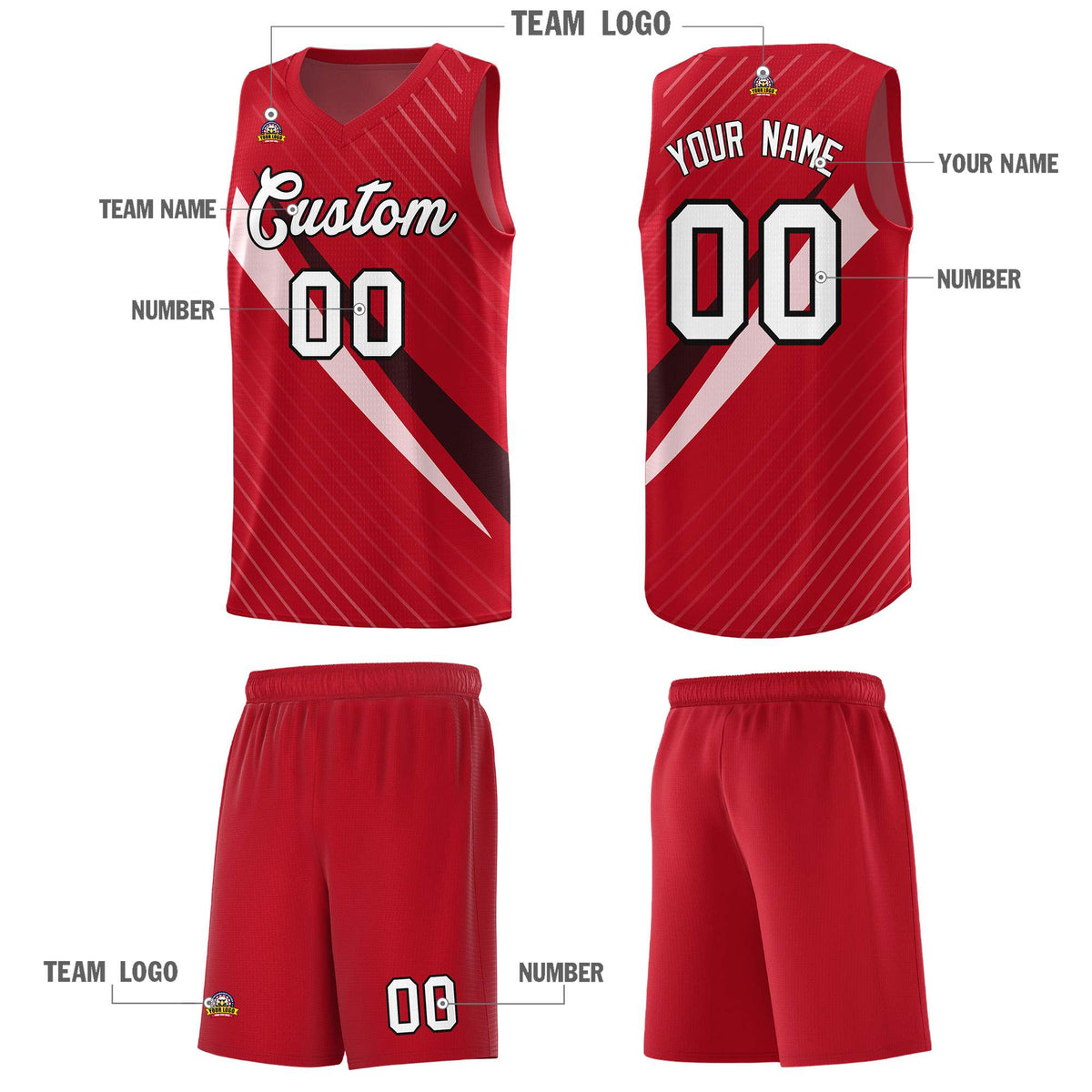 Custom Red Diagonal Pinstripe Pattern Color Block Sports Uniform Basketball Jersey
