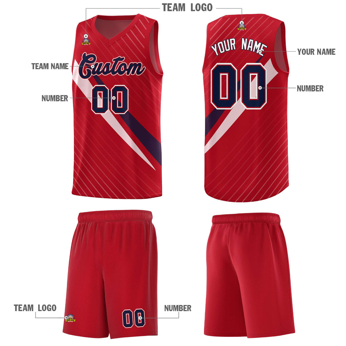 Custom Red Diagonal Pinstripe Pattern Color Block Sports Uniform Basketball Jersey