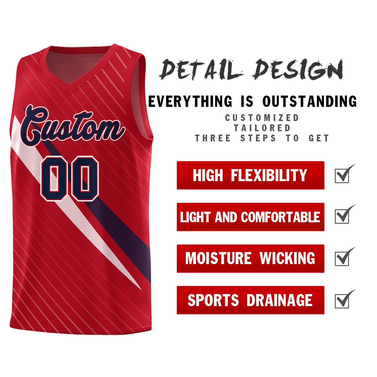 Custom Red Diagonal Pinstripe Pattern Color Block Sports Uniform Basketball Jersey