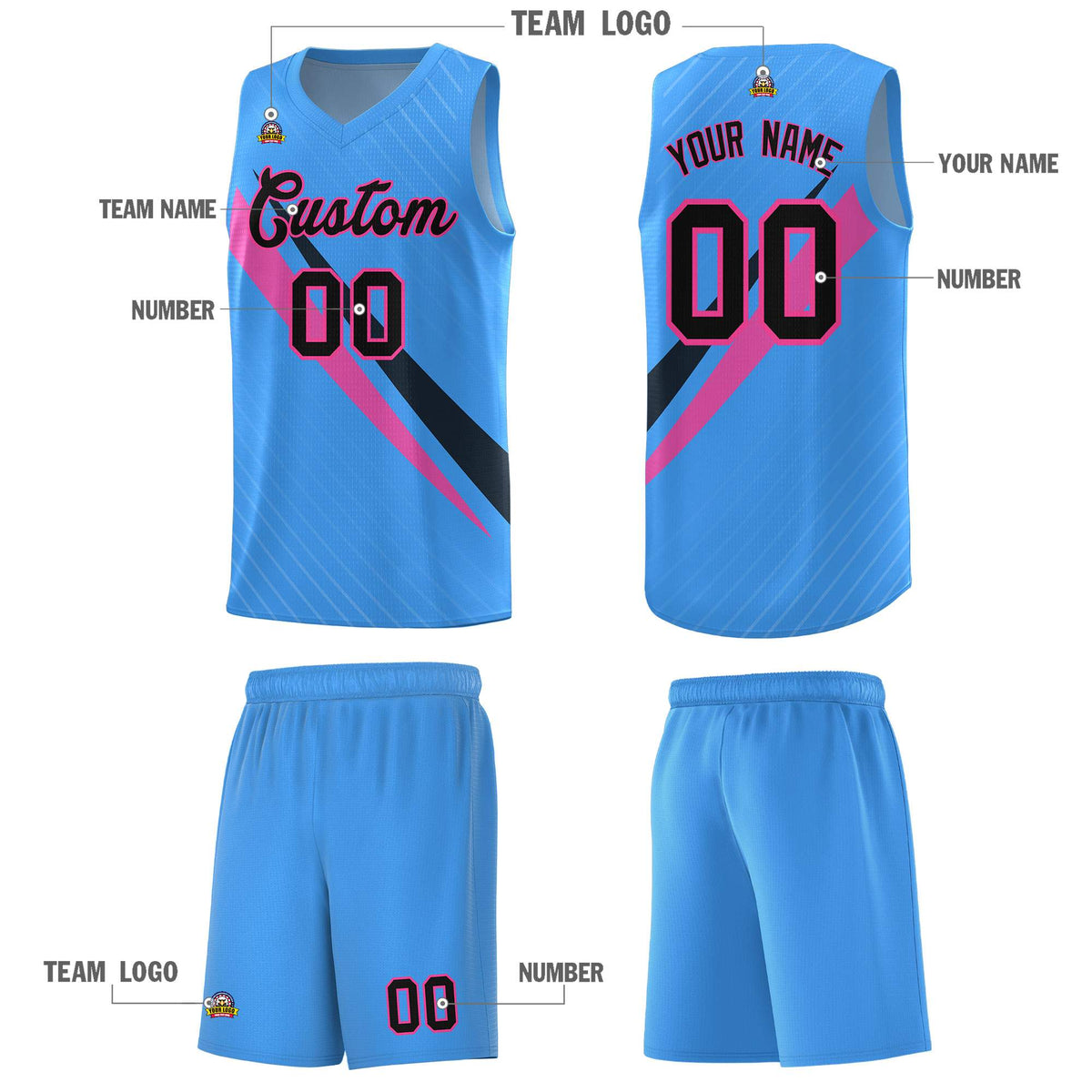 Custom Light Blue Diagonal Pinstripe Pattern Color Block Sports Uniform Basketball Jersey