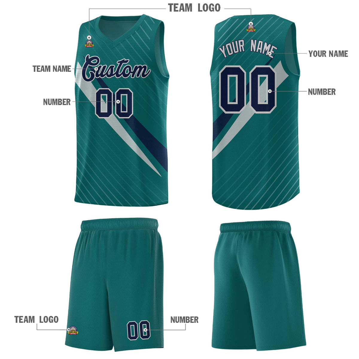 Custom Aqua Diagonal Pinstripe Pattern Color Block Sports Uniform Basketball Jersey