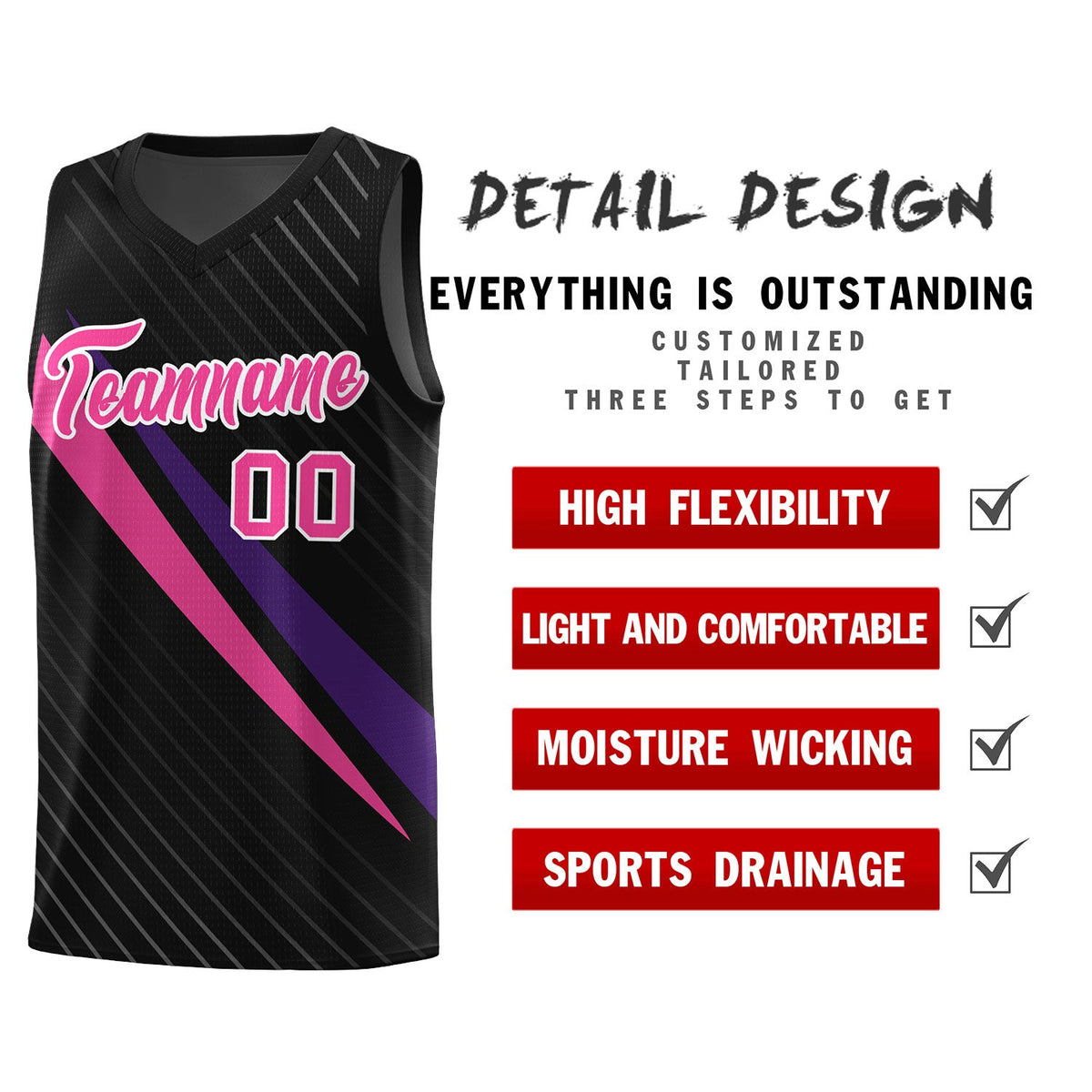 Custom Black Diagonal Pinstripe Pattern Color Block Sports Uniform Basketball Jersey