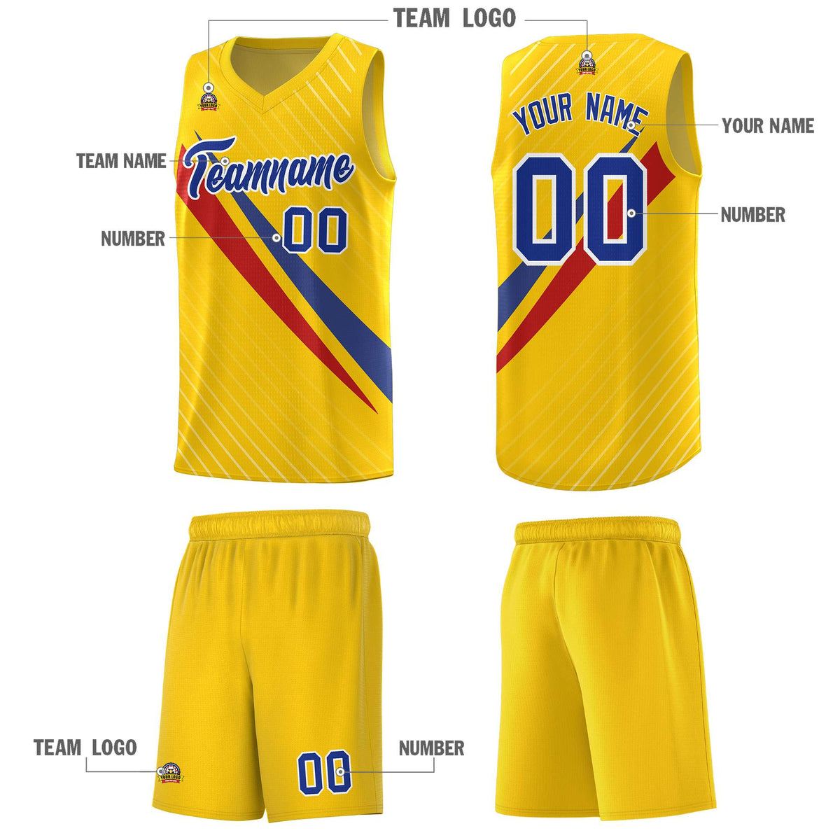 Custom Gold Diagonal Pinstripe Pattern Color Block Sports Uniform Basketball Jersey