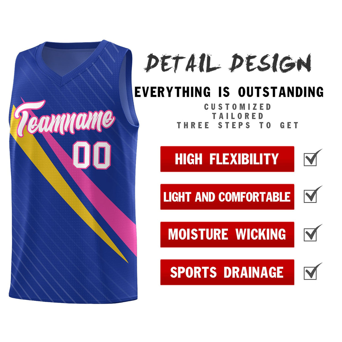 Custom Royal Diagonal Pinstripe Pattern Color Block Sports Uniform Basketball Jersey