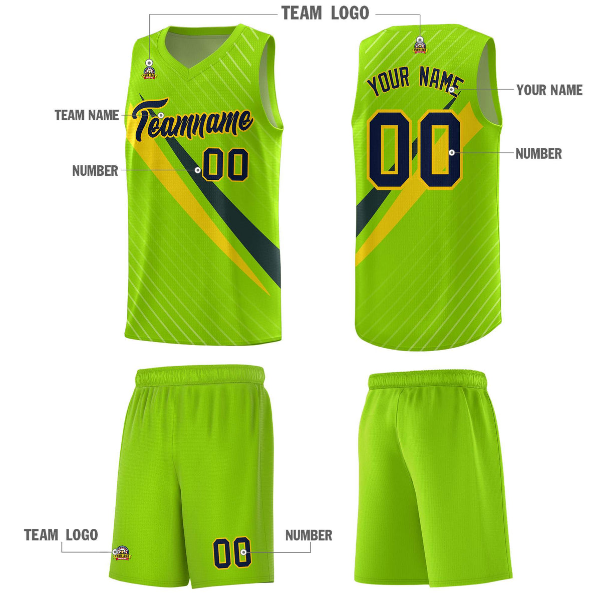 Custom Neon Green Diagonal Pinstripe Pattern Color Block Sports Uniform Basketball Jersey