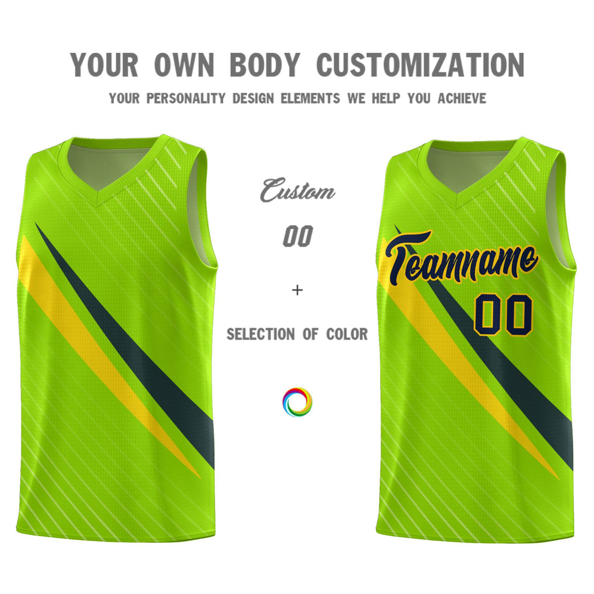 Custom Neon Green Diagonal Pinstripe Pattern Color Block Sports Uniform Basketball Jersey