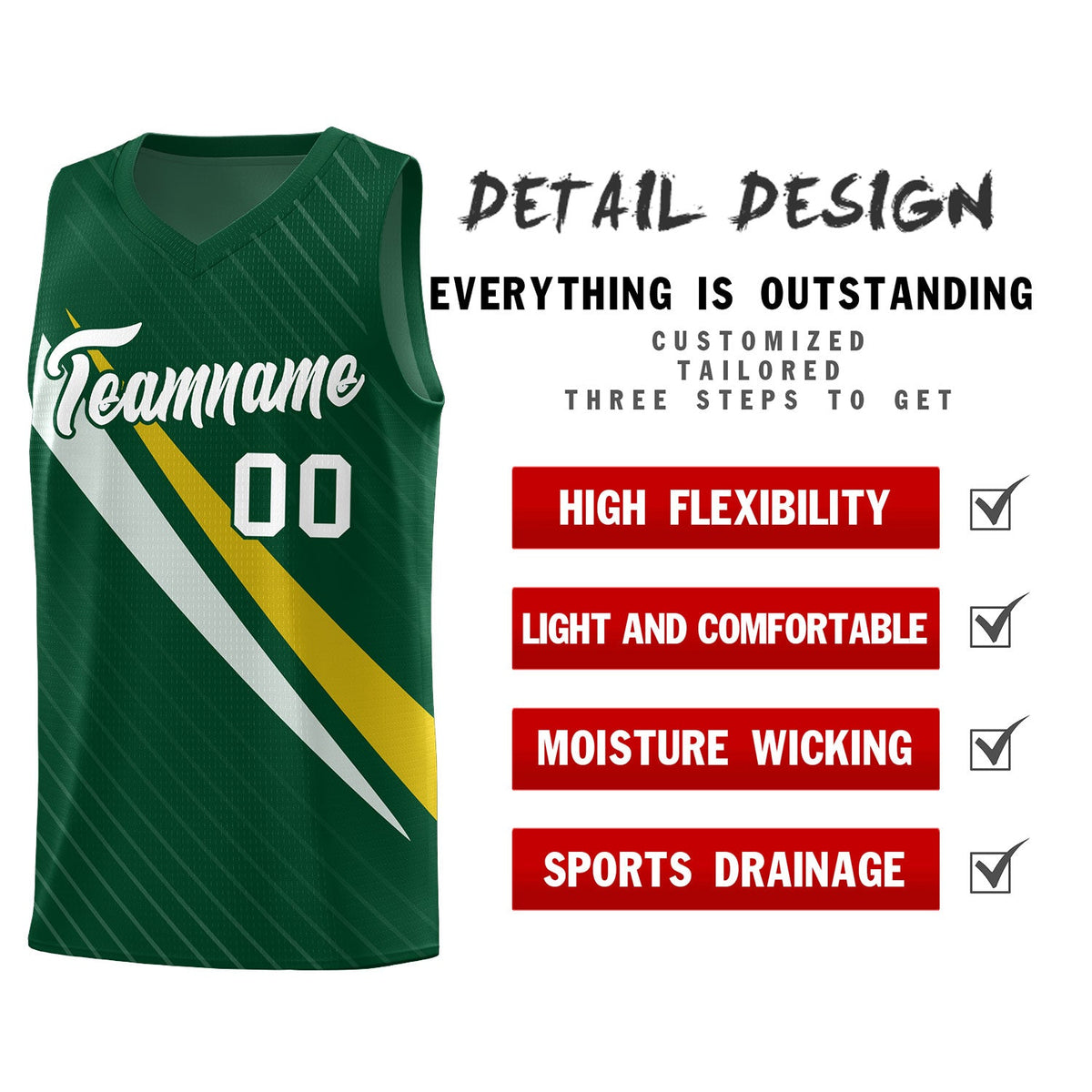 Custom Hunter Green Diagonal Pinstripe Pattern Color Block Sports Uniform Basketball Jersey