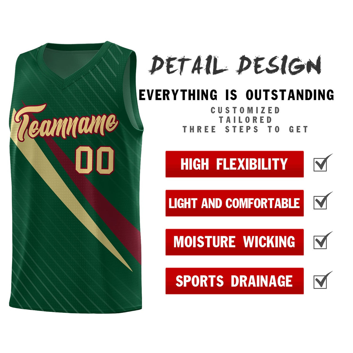 Custom Hunter Green Diagonal Pinstripe Pattern Color Block Sports Uniform Basketball Jersey