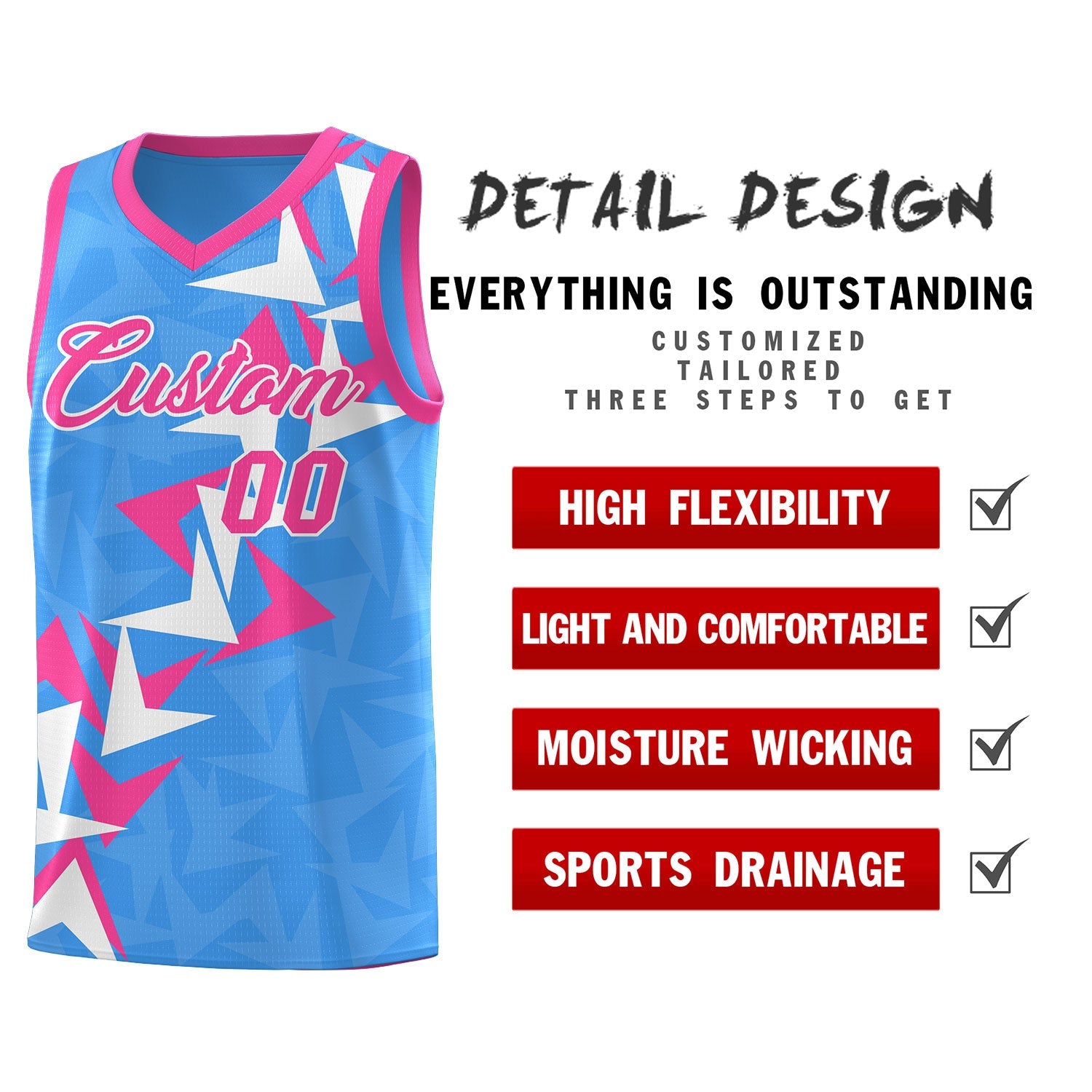 Custom Light Blue Boomerang Pattern Sets Basketball Jersey