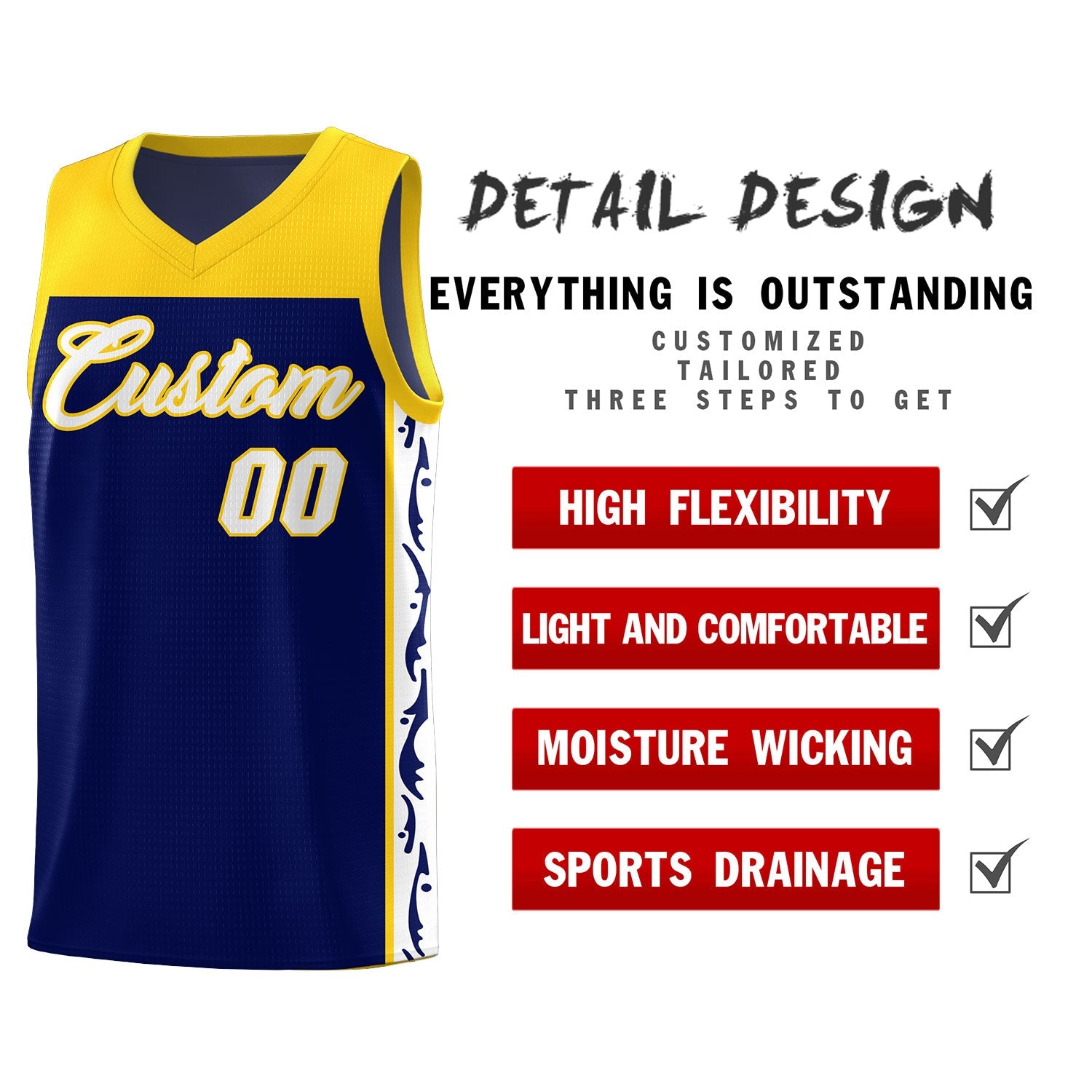 Custom Navy Side Pattern Sports Uniform Basketball Jersey