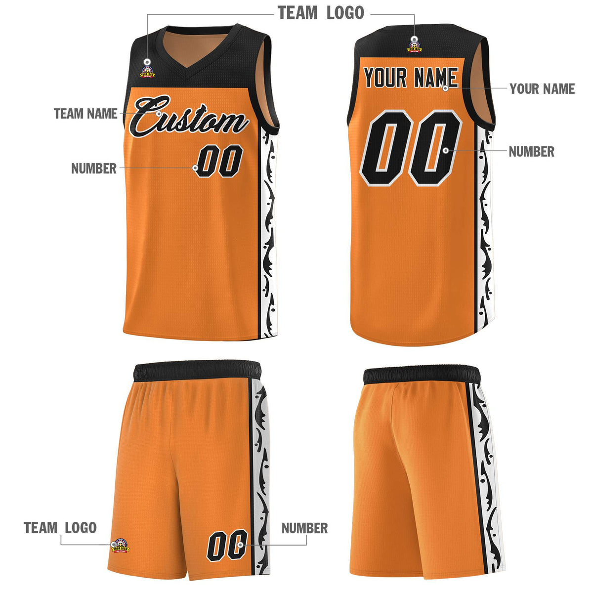 Custom Gold Orange Side Pattern Sports Uniform Basketball Jersey