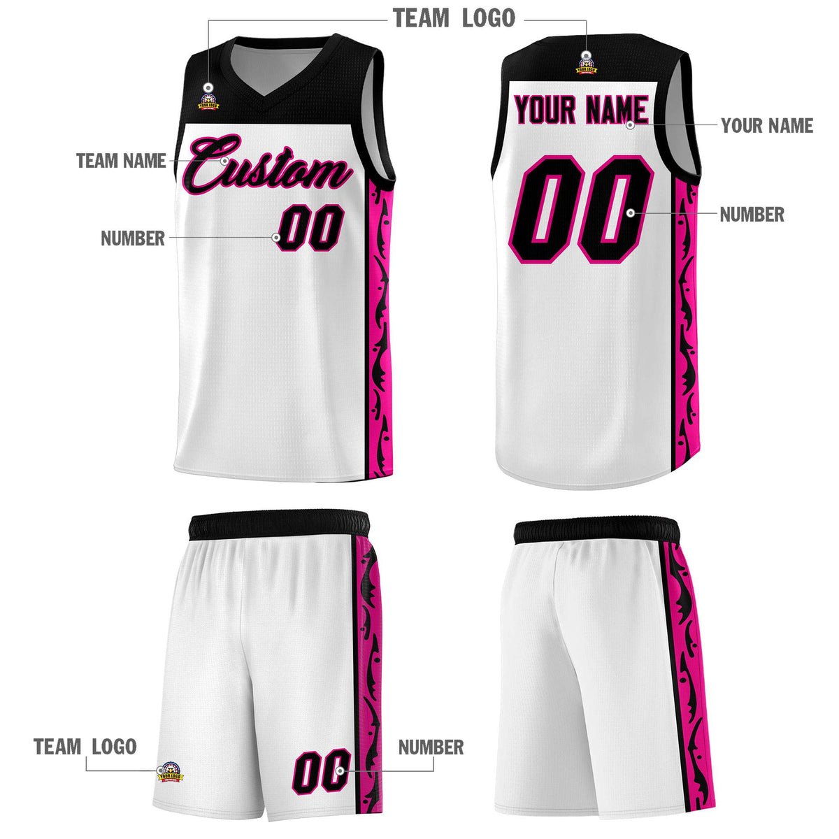 Custom White Side Pattern Sports Uniform Basketball Jersey