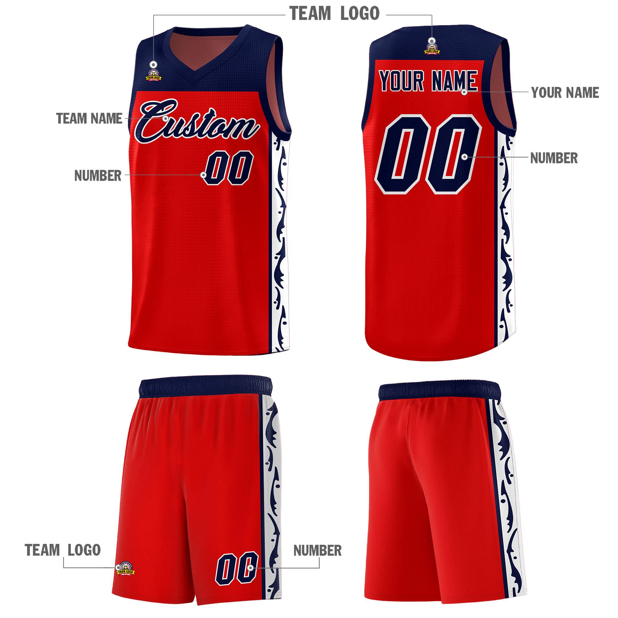 Custom Red Side Pattern Sports Uniform Basketball Jersey