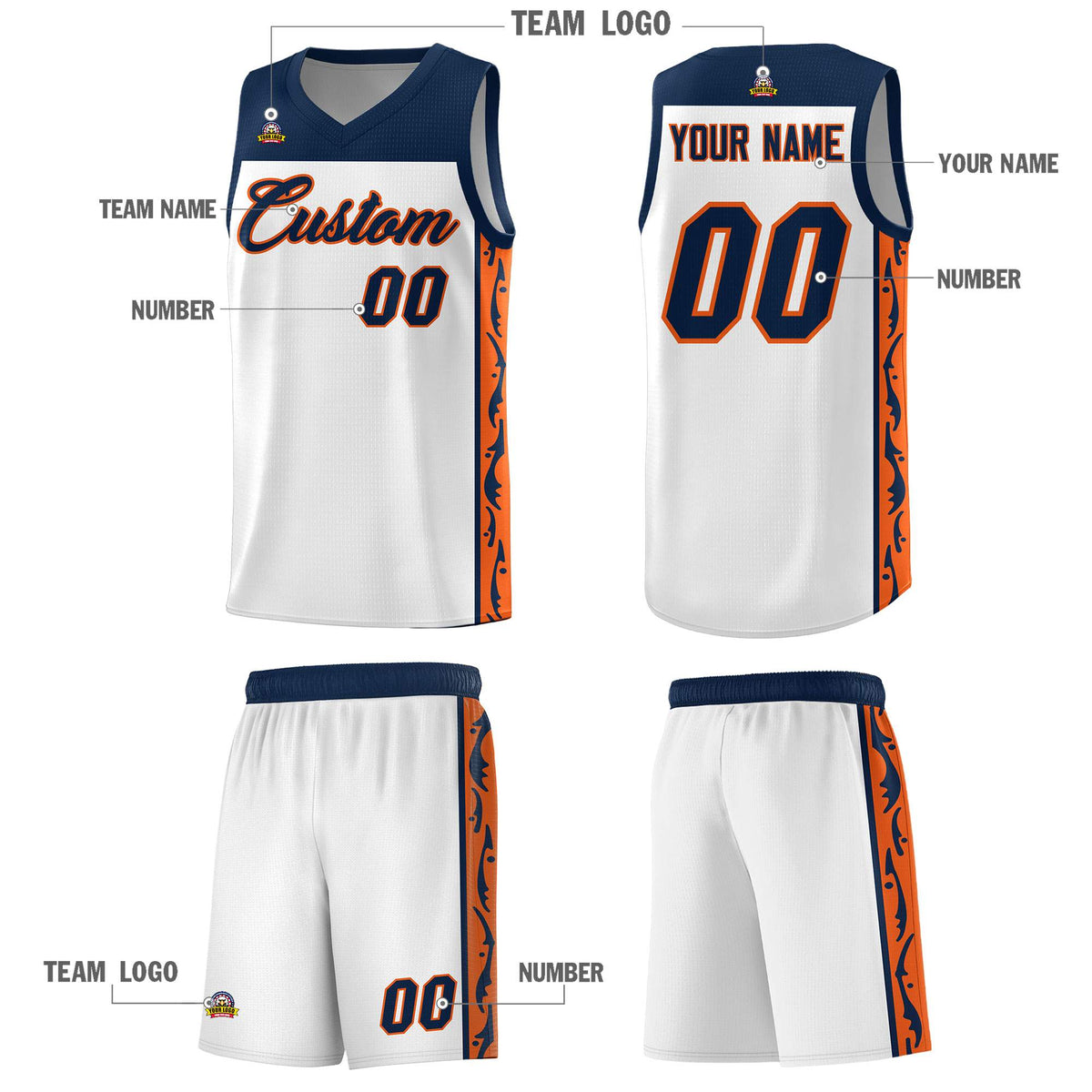 Custom White Side Pattern Sports Uniform Basketball Jersey
