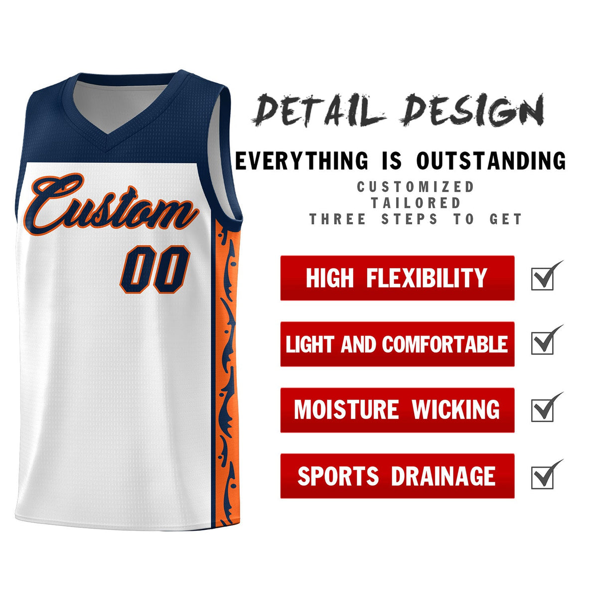 Custom White Side Pattern Sports Uniform Basketball Jersey