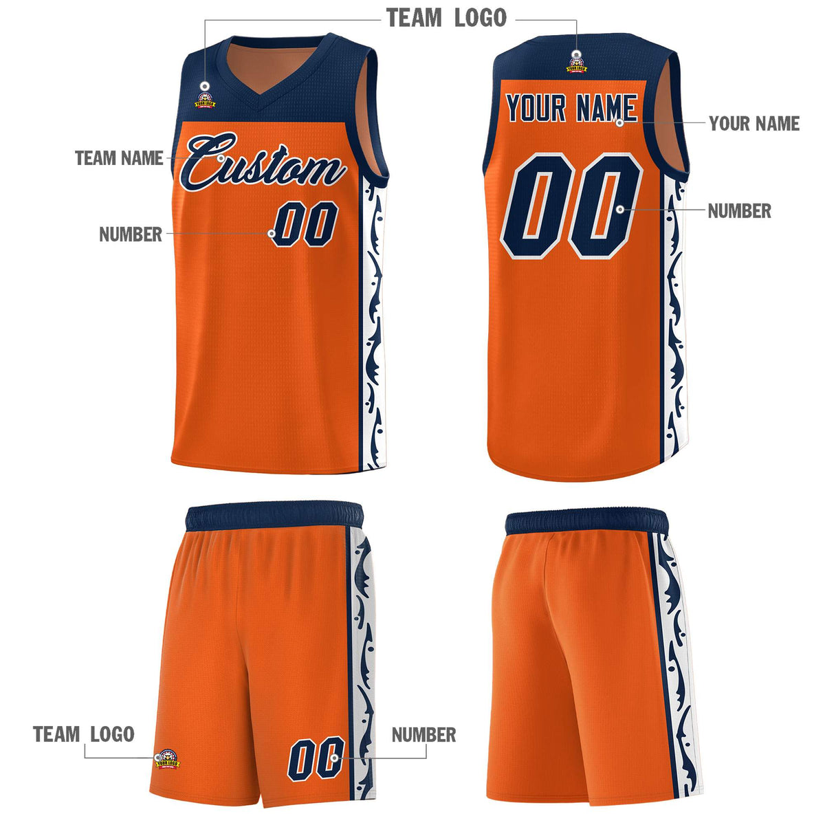 Custom Orange Side Pattern Sports Uniform Basketball Jersey