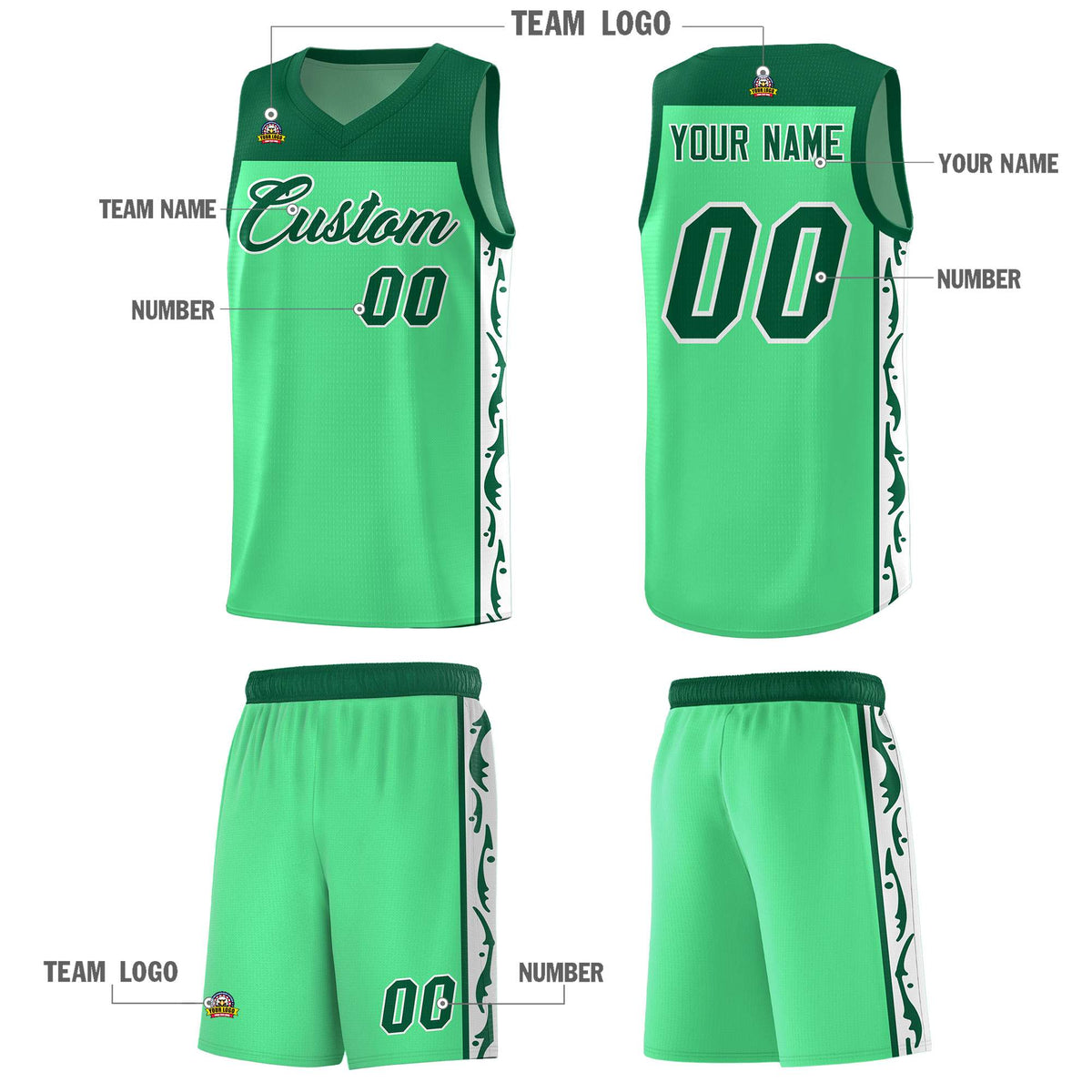 Custom Bright Green Side Pattern Sports Uniform Basketball Jersey