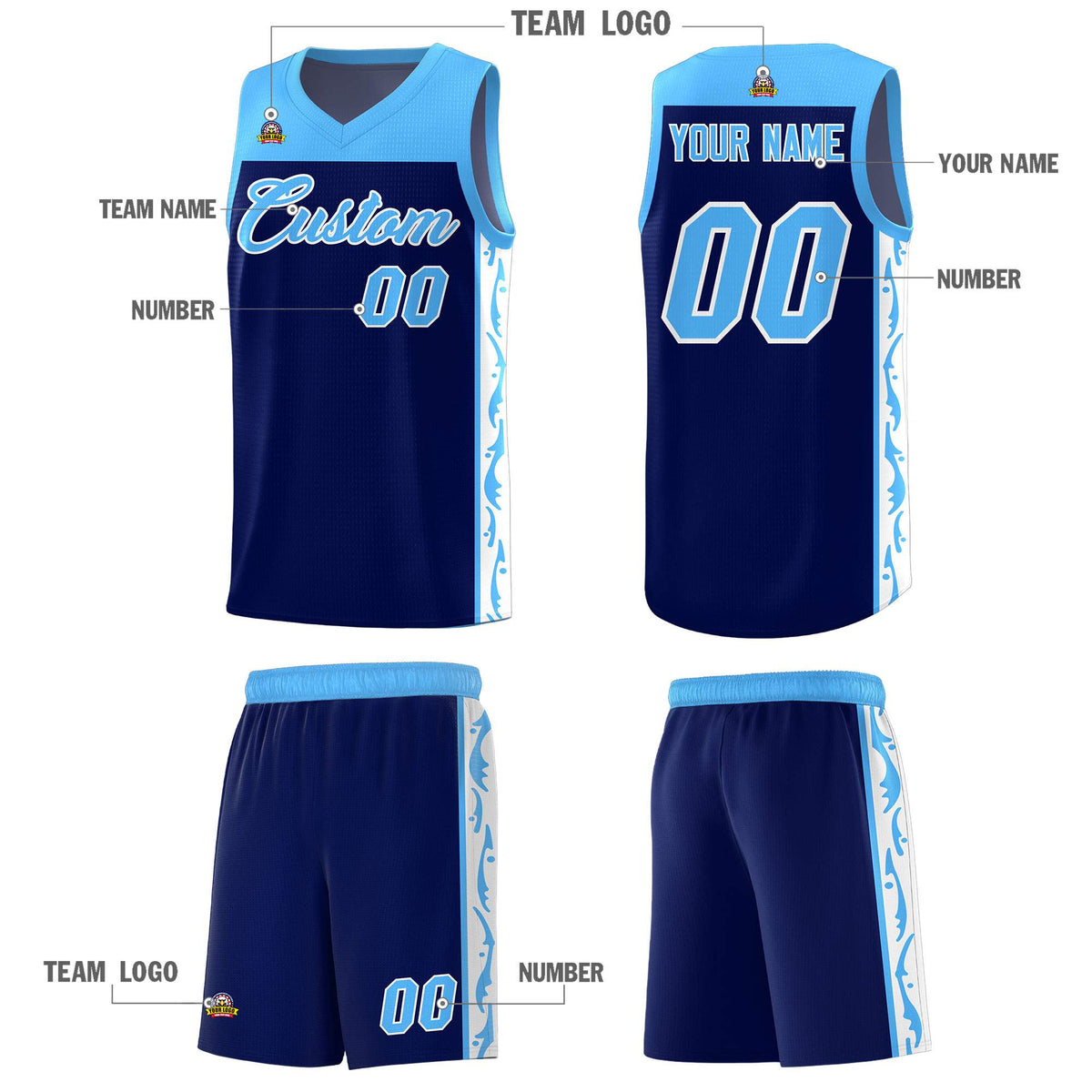 Custom Navy Side Pattern Sports Uniform Basketball Jersey