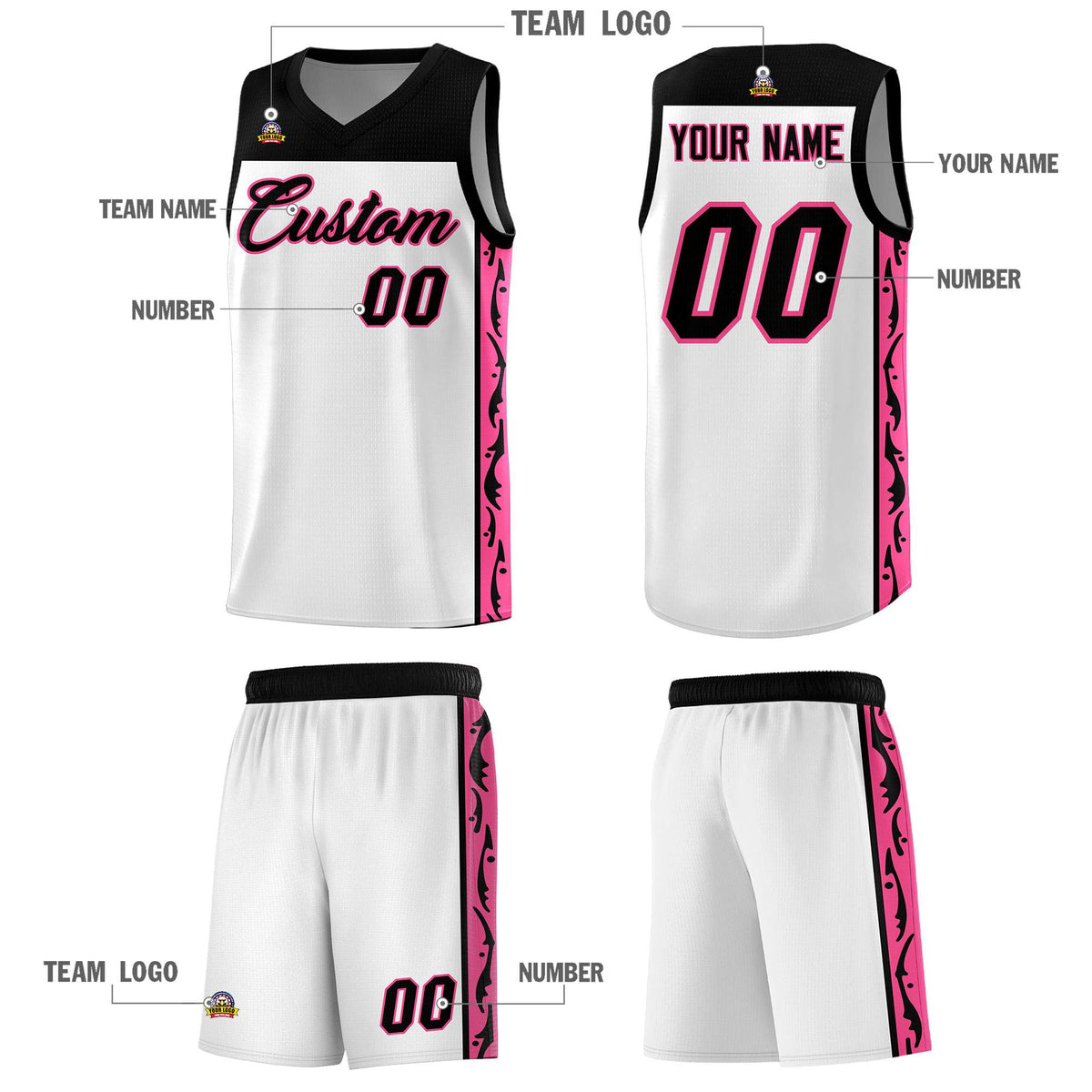 Custom White Side Pattern Sports Uniform Basketball Jersey