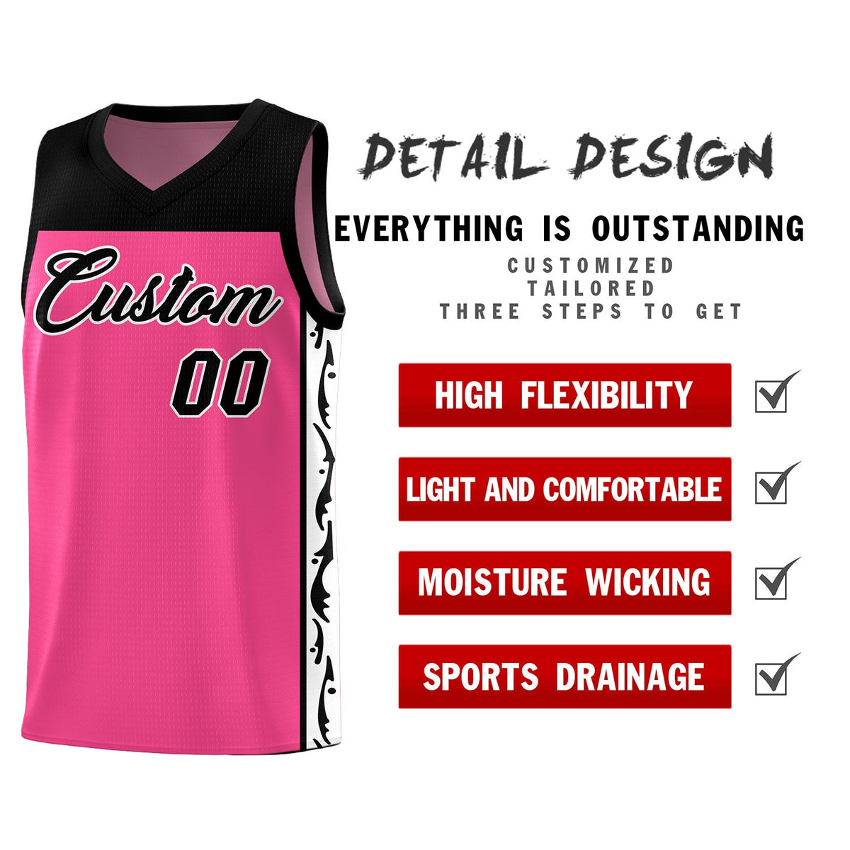 Custom Pink Side Pattern Sports Uniform Basketball Jersey