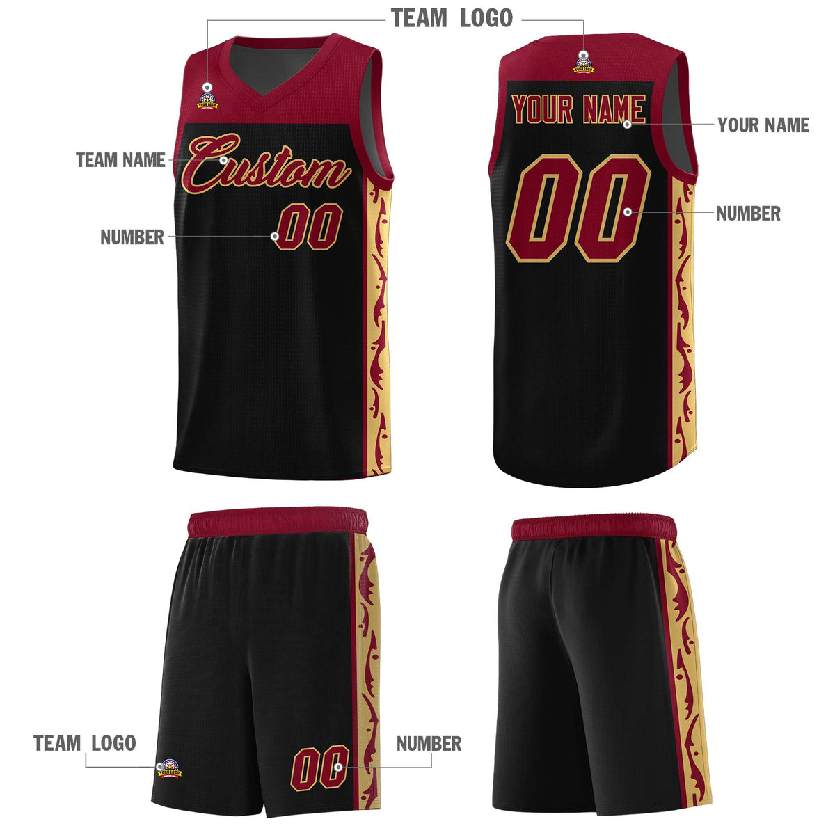 Custom Black Side Pattern Sports Uniform Basketball Jersey