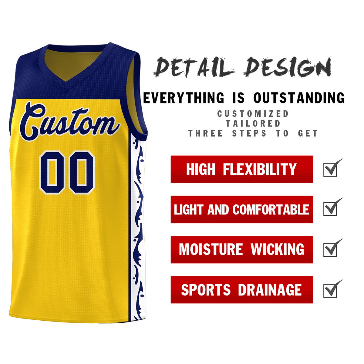 Custom Gold Side Pattern Sports Uniform Basketball Jersey