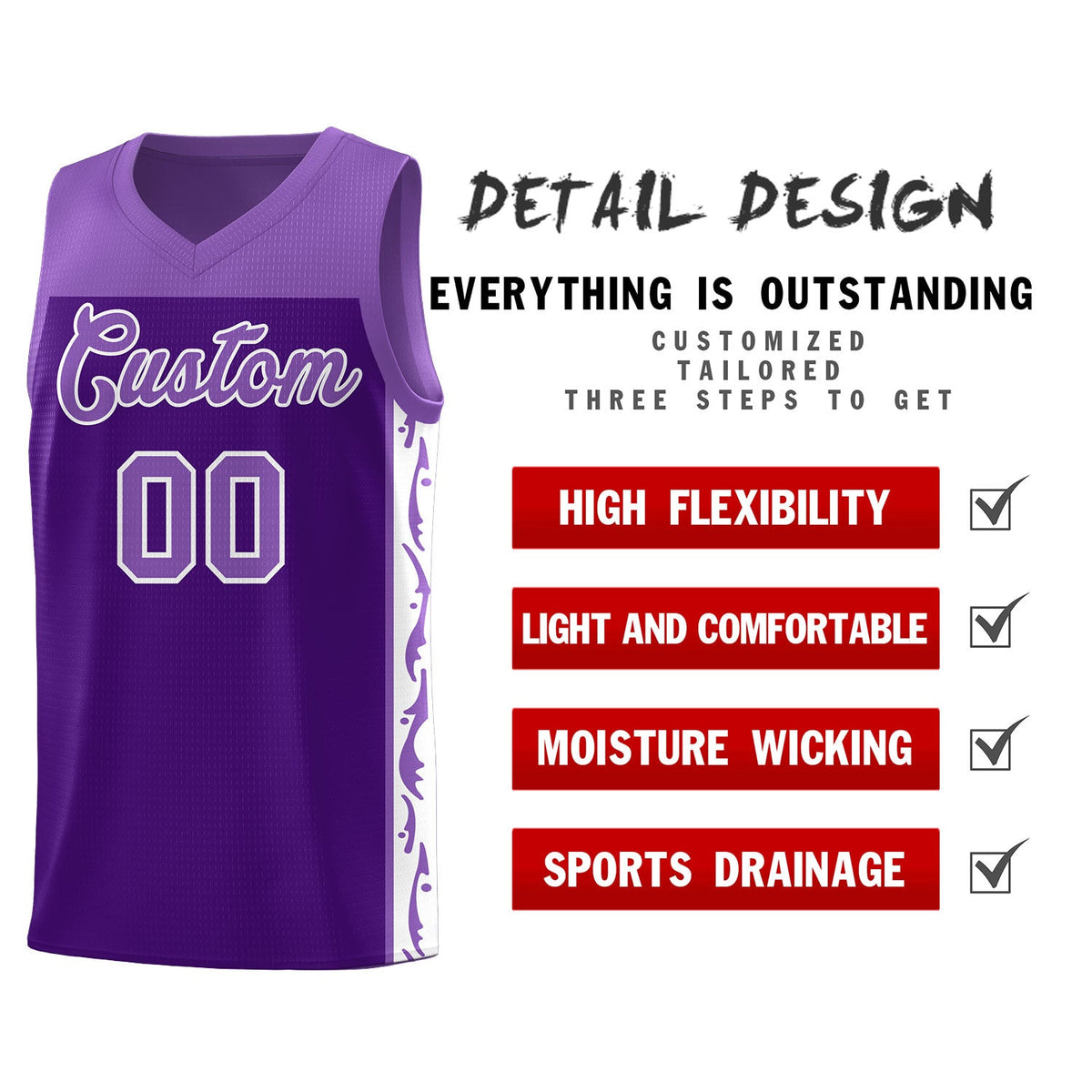 Custom Purple Side Pattern Sports Uniform Basketball Jersey