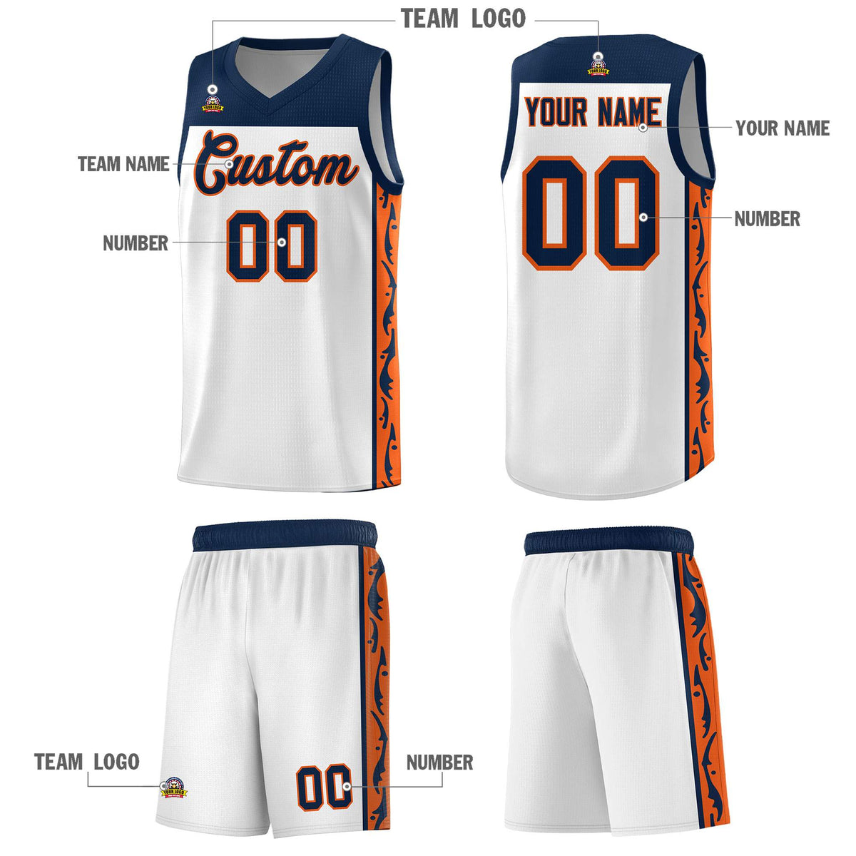 Custom White Side Pattern Sports Uniform Basketball Jersey