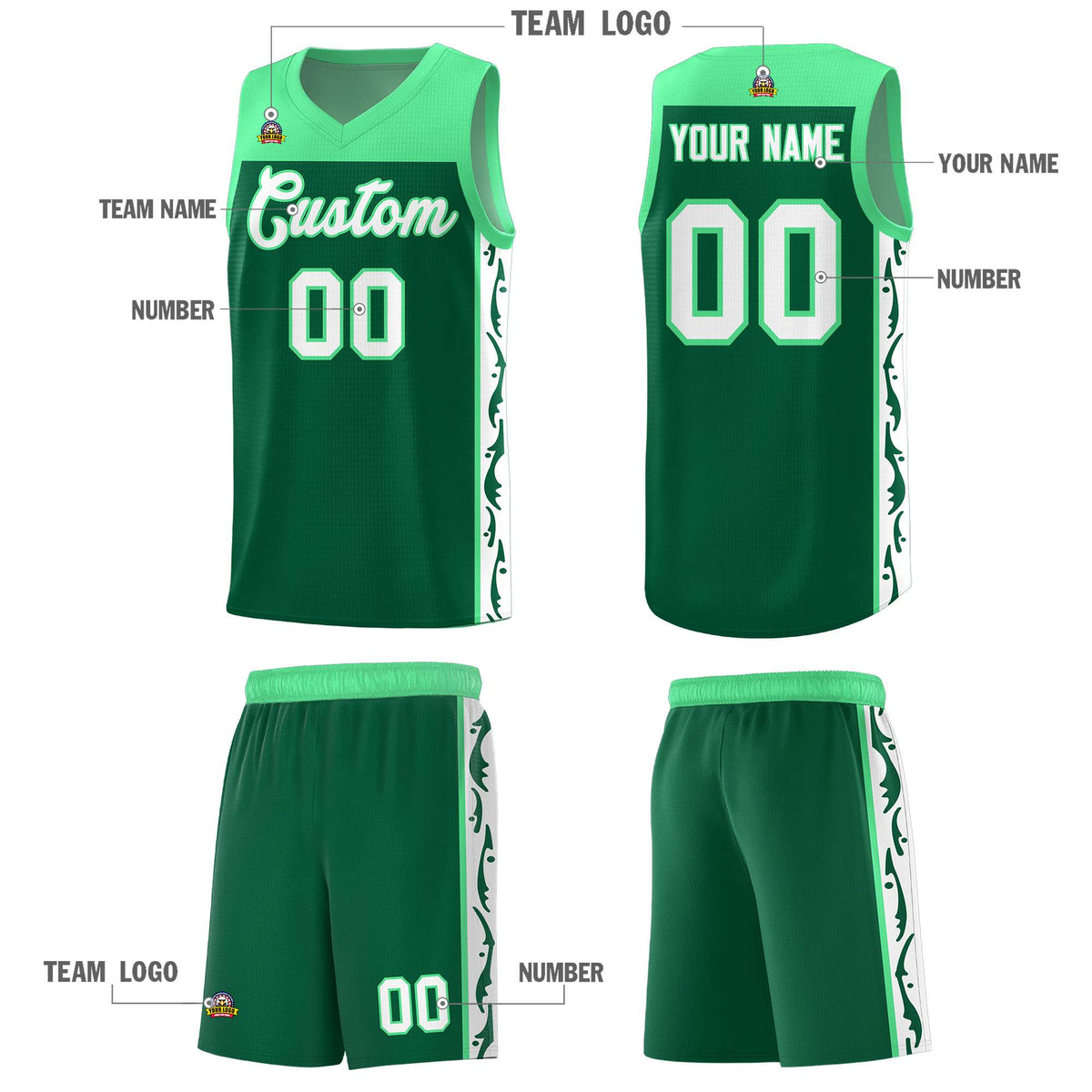 Custom Kelly Green Side Pattern Sports Uniform Basketball Jersey