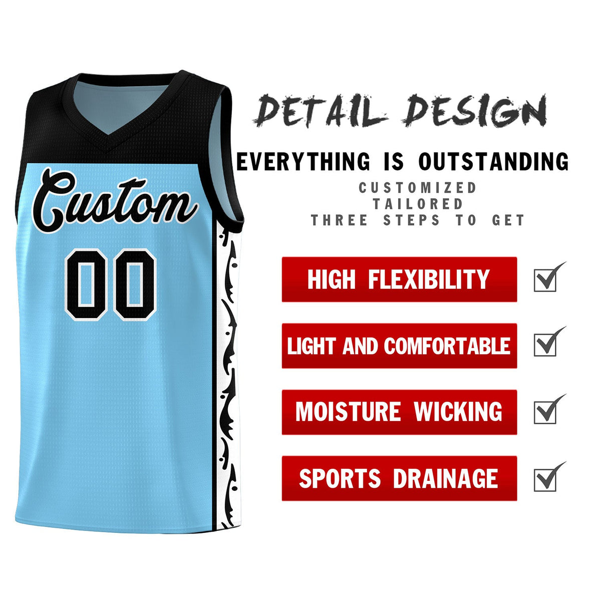 Custom Light Blue Side Pattern Sports Uniform Basketball Jersey