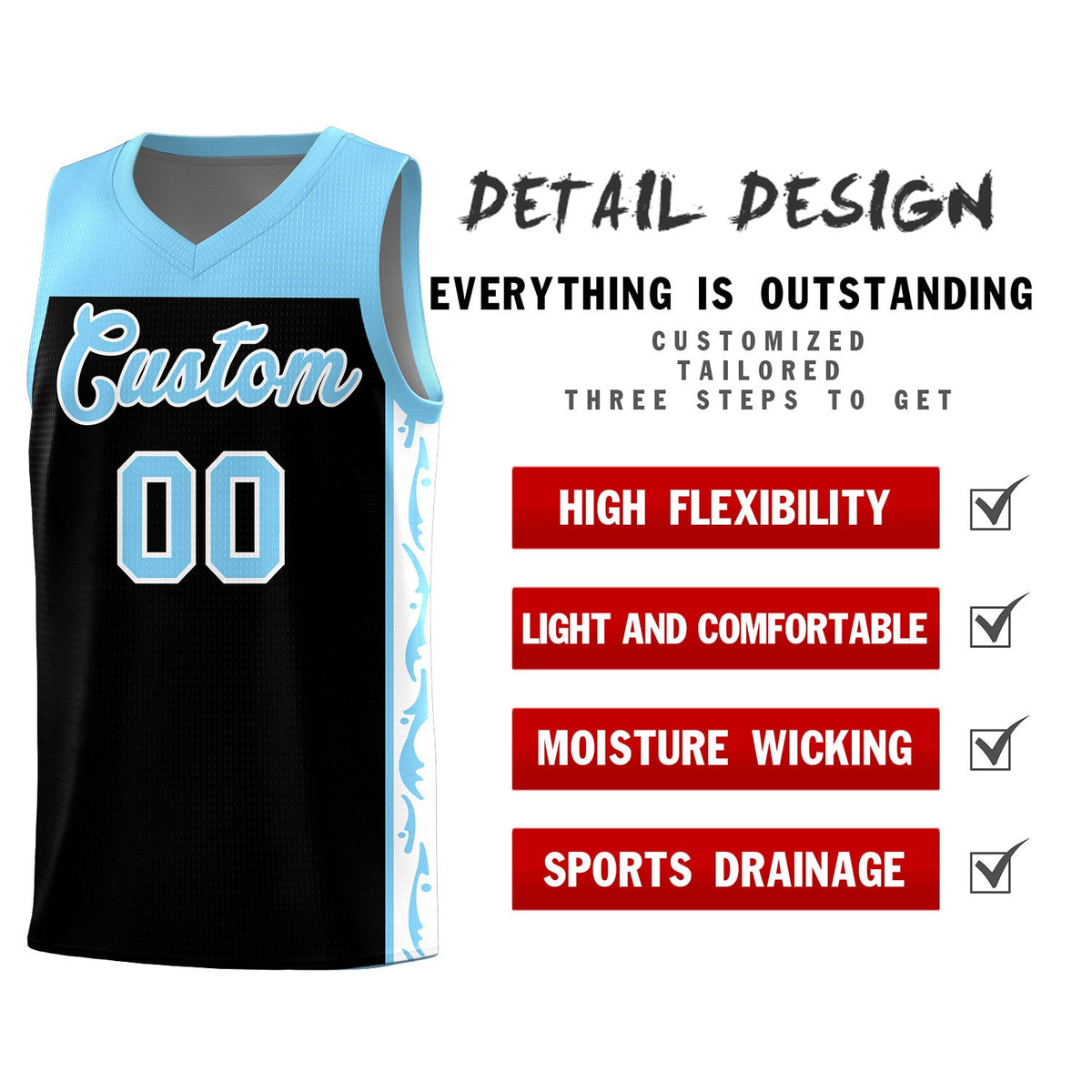 Custom Black Side Pattern Sports Uniform Basketball Jersey