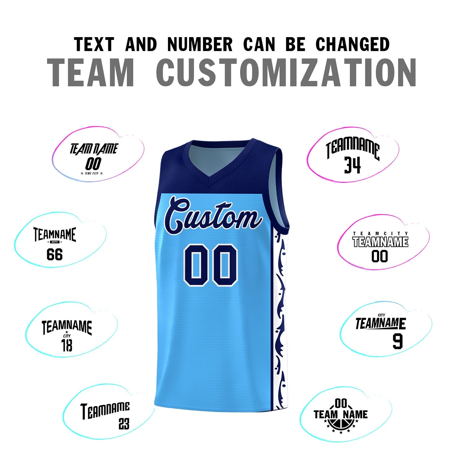 Custom Light Blue Side Pattern Sports Uniform Basketball Jersey