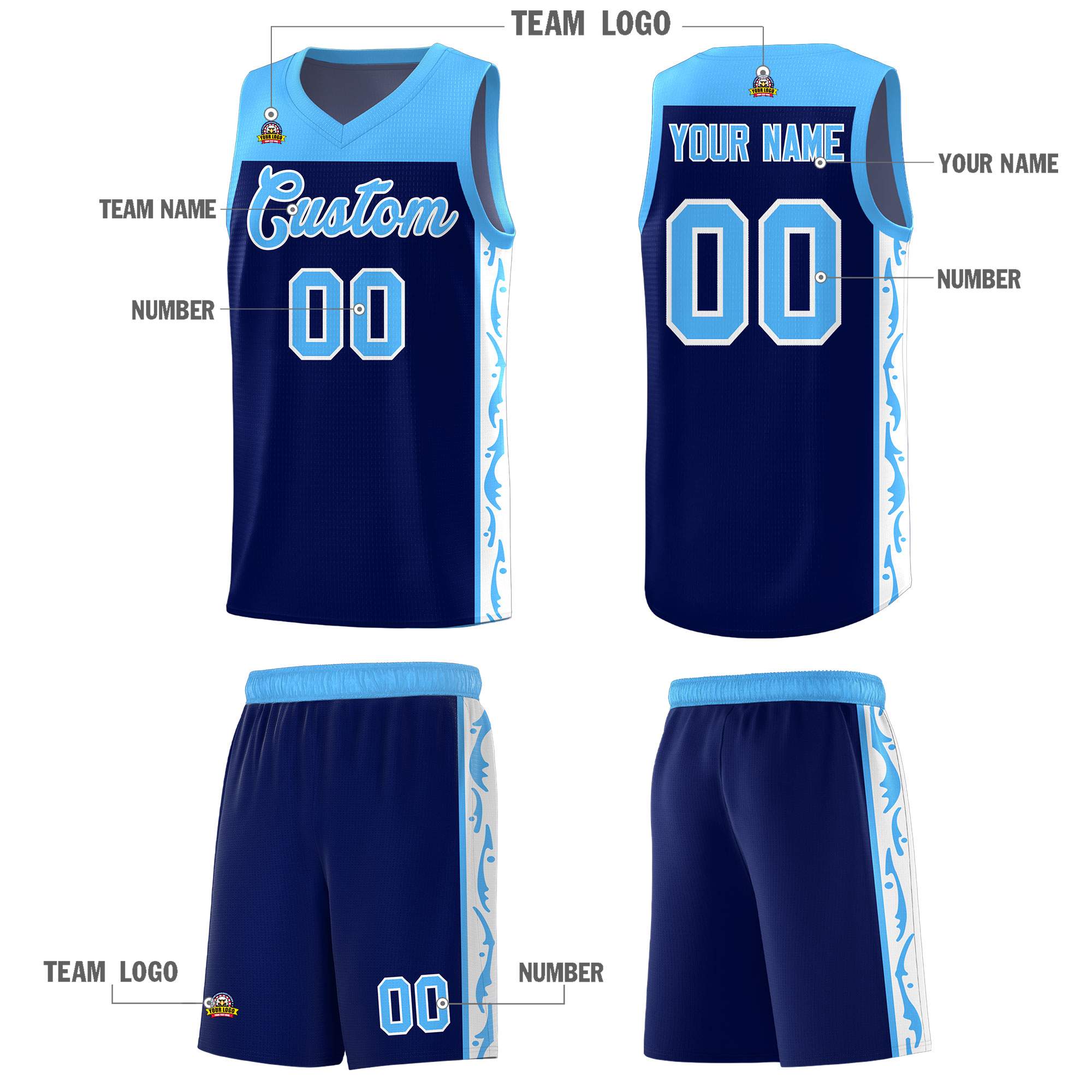 Custom Navy Side Pattern Sports Uniform Basketball Jersey