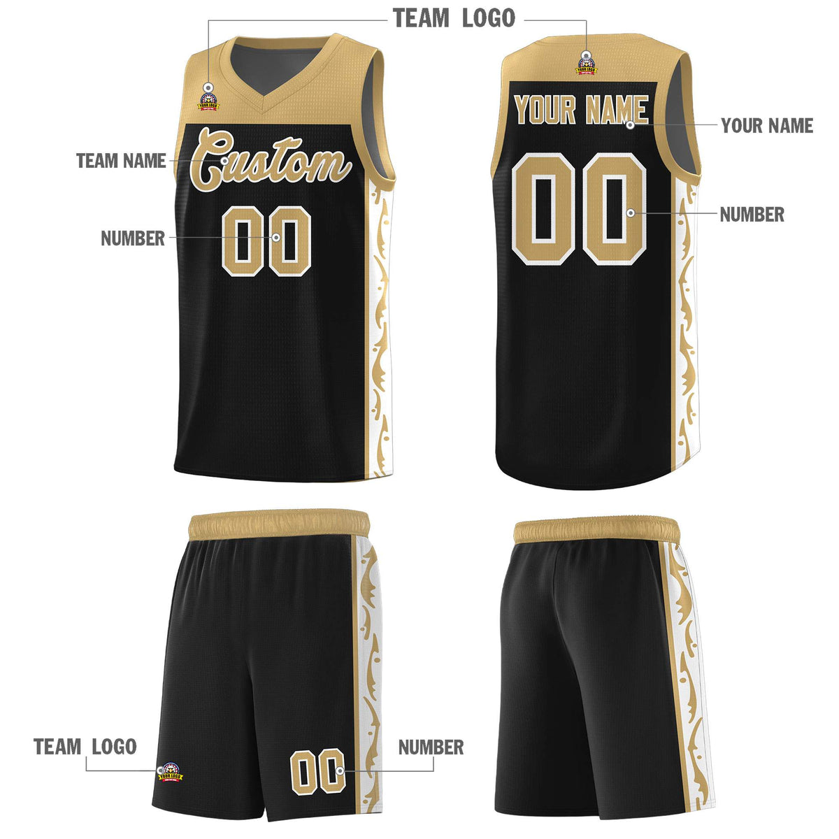 Custom Black Side Pattern Sports Uniform Basketball Jersey