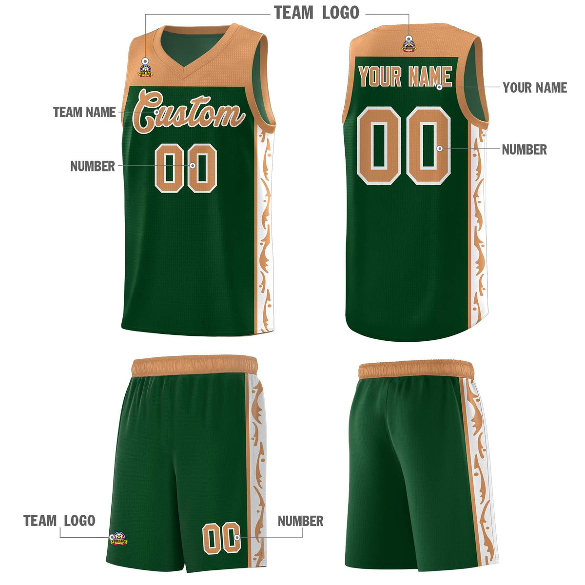 Custom Green Side Pattern Sports Uniform Basketball Jersey