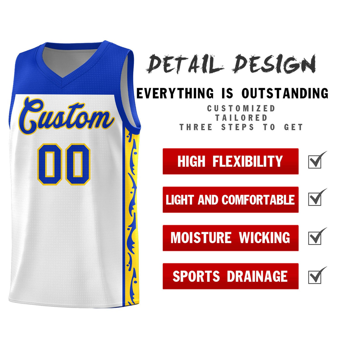 Custom White Side Pattern Sports Uniform Basketball Jersey