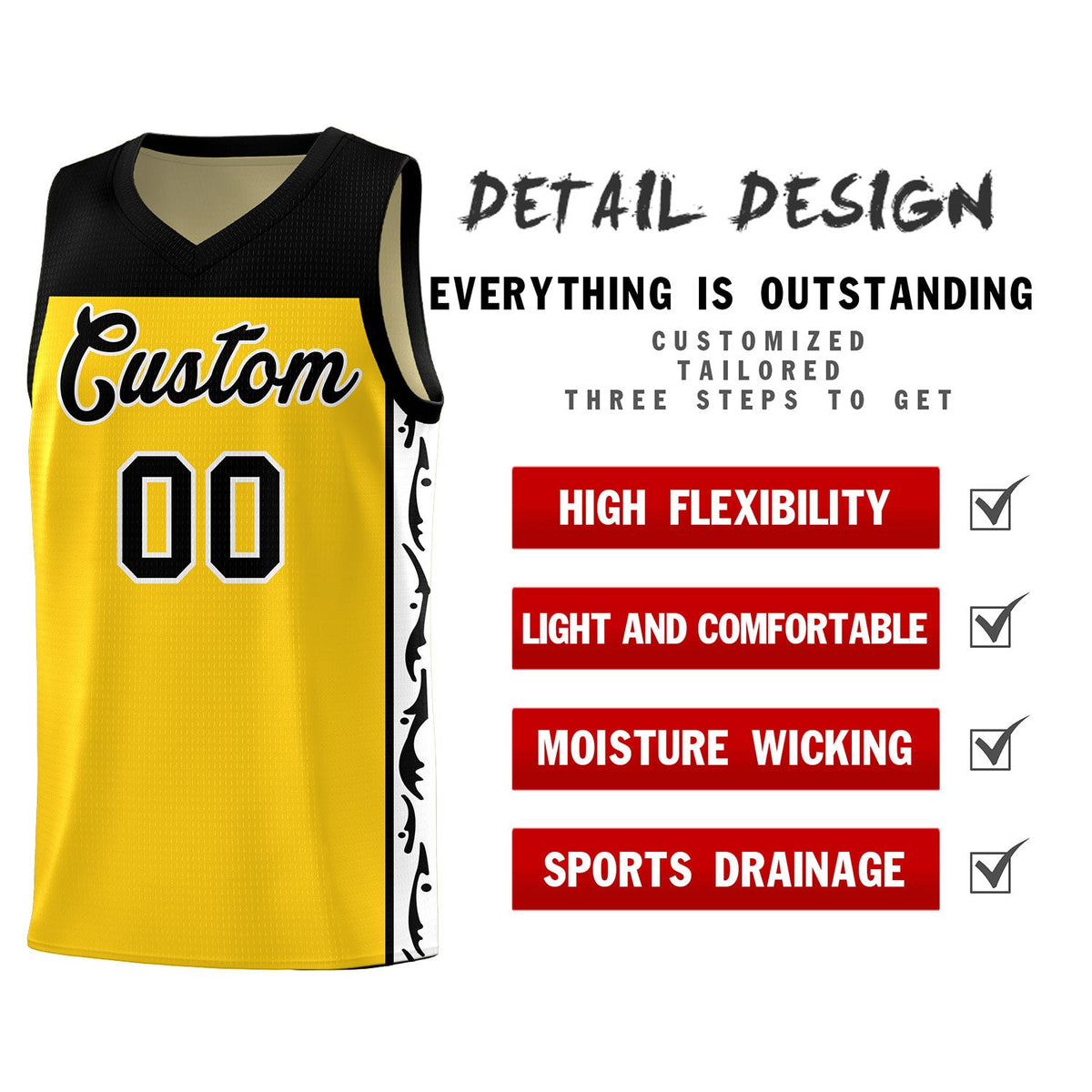 Custom Gold Side Pattern Sports Uniform Basketball Jersey