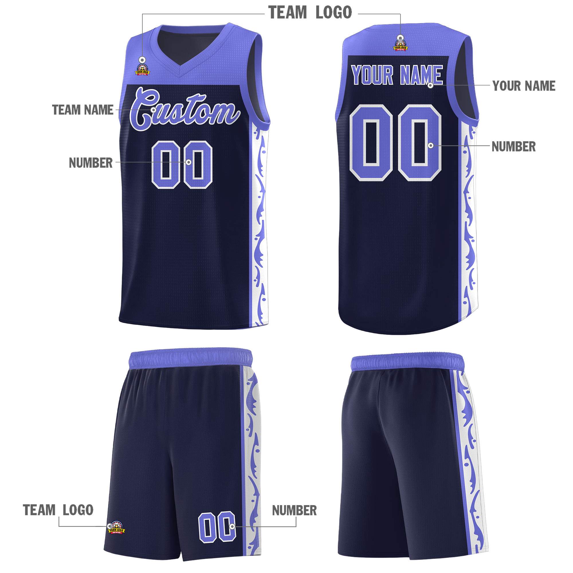 Custom Navy Side Pattern Sports Uniform Basketball Jersey