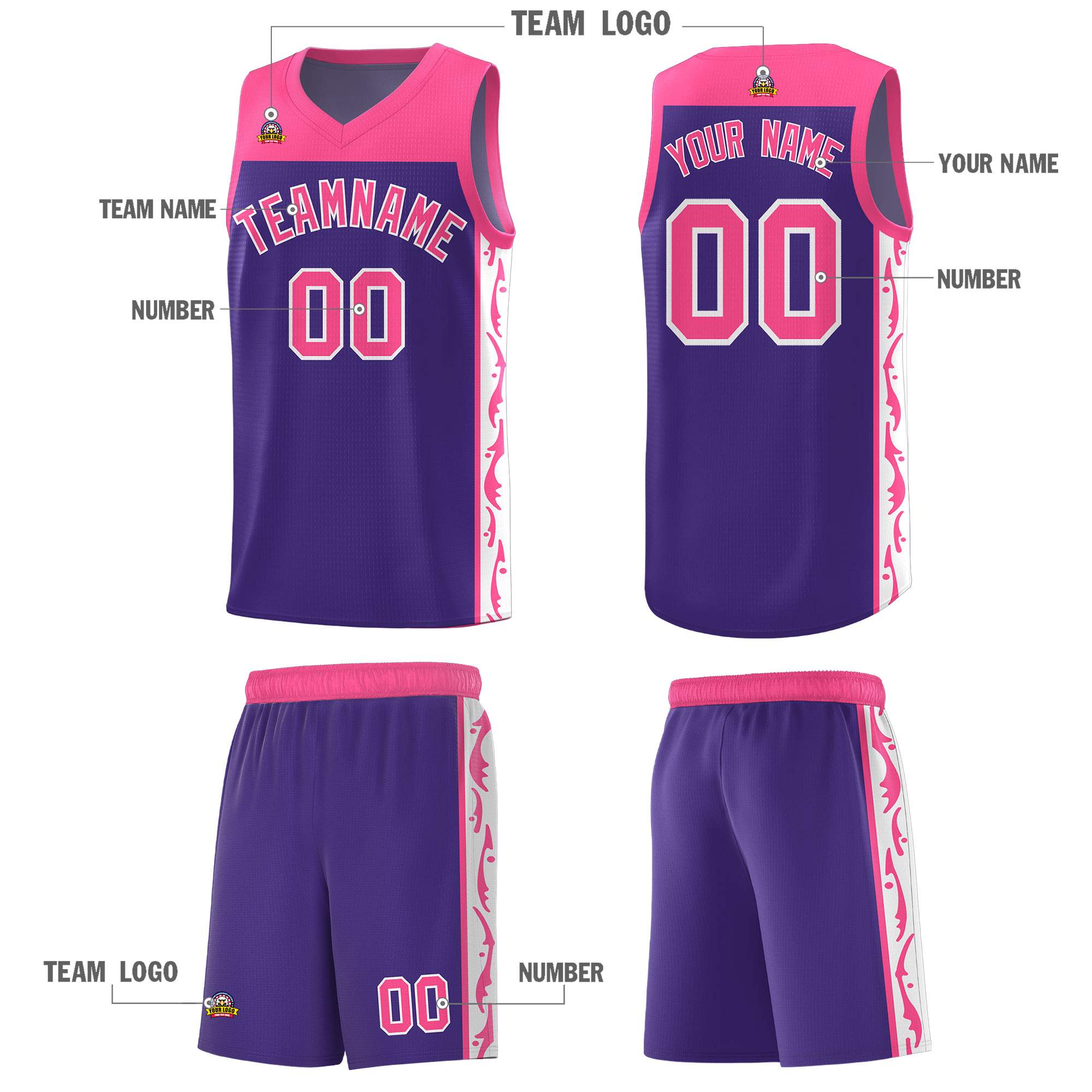 Custom Purple Side Pattern Sports Uniform Basketball Jersey