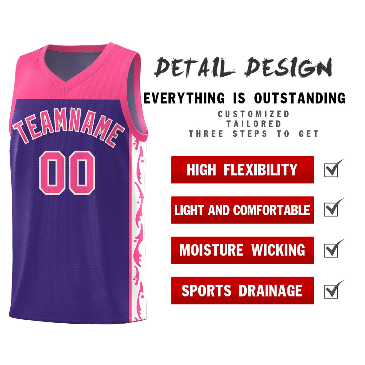 Custom Purple Side Pattern Sports Uniform Basketball Jersey