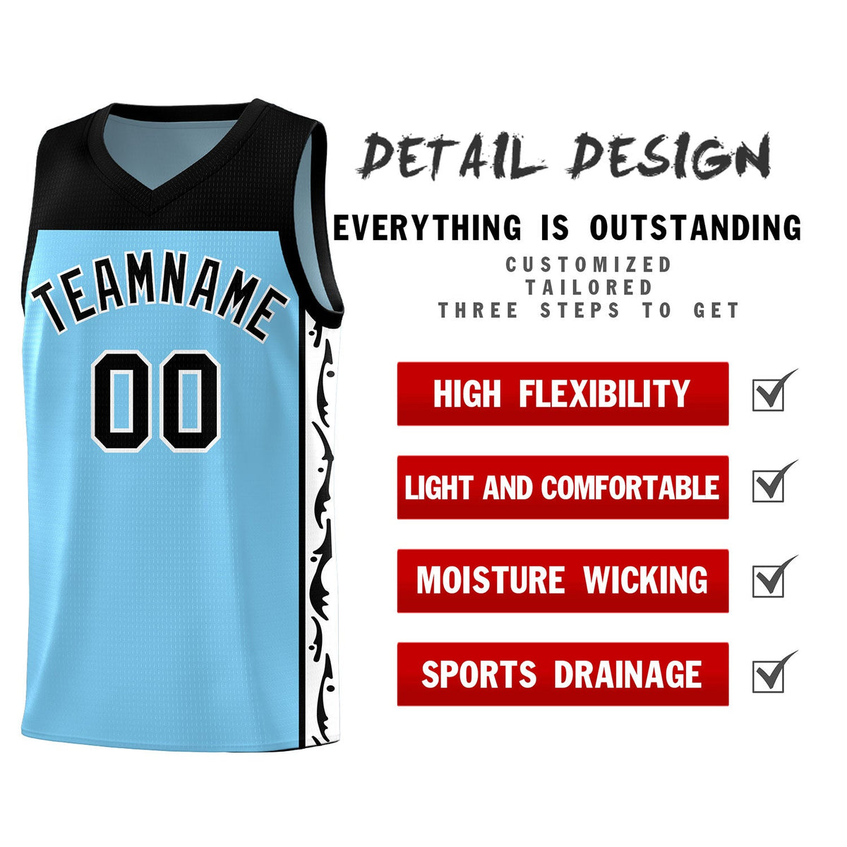 Custom Light Blue Side Pattern Sports Uniform Basketball Jersey