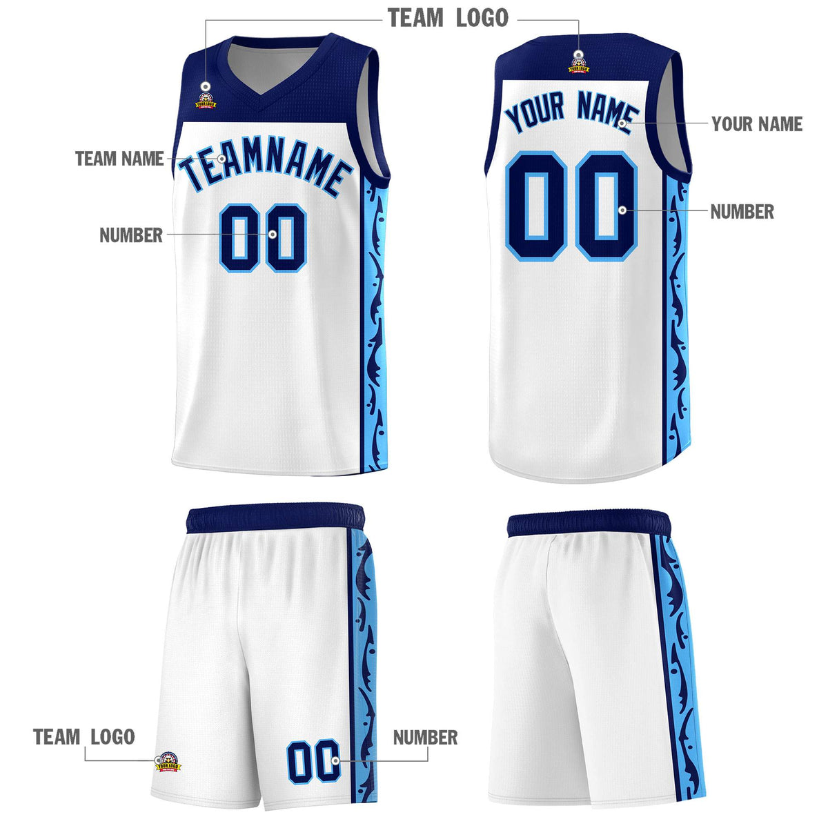 Custom White Side Pattern Sports Uniform Basketball Jersey