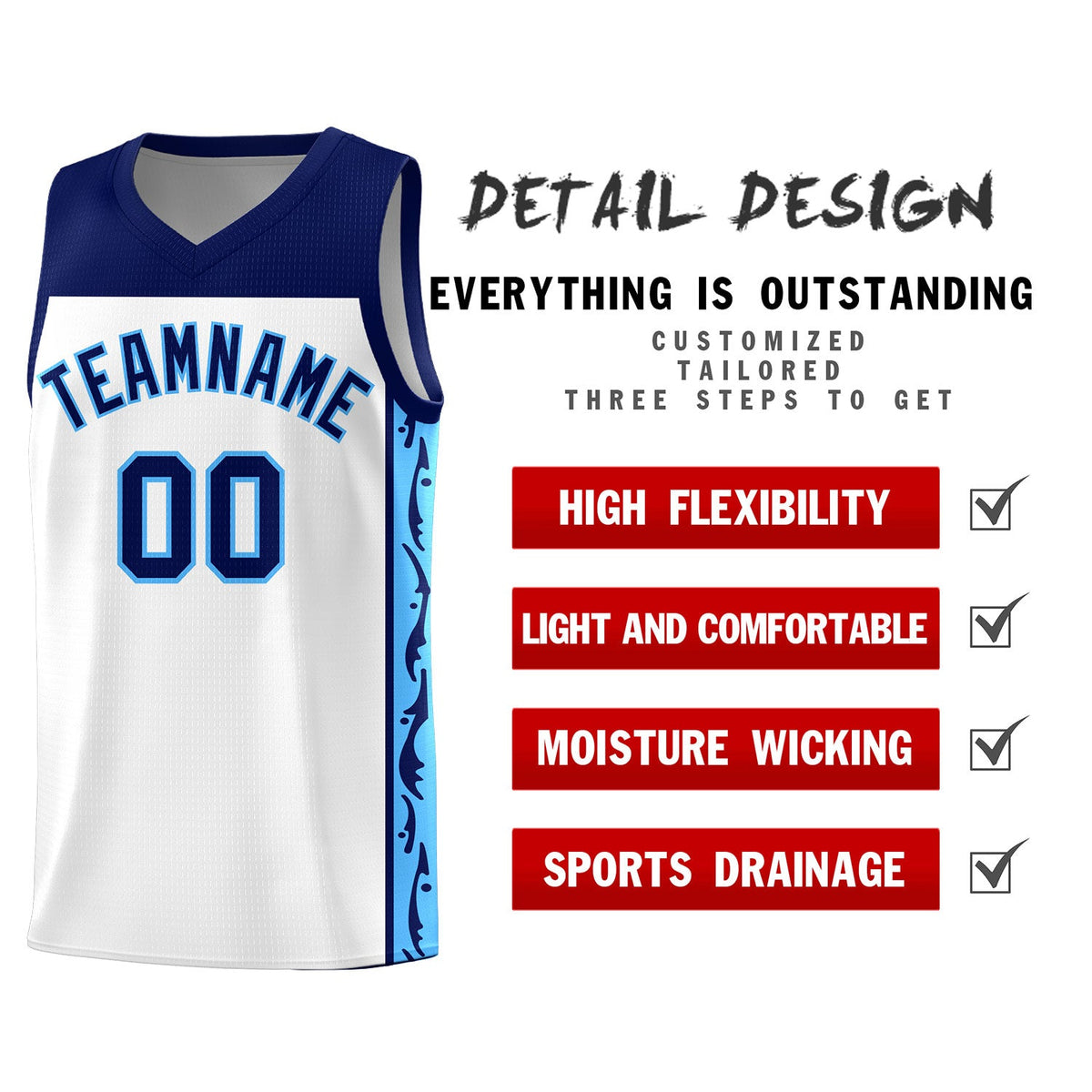 Custom White Side Pattern Sports Uniform Basketball Jersey