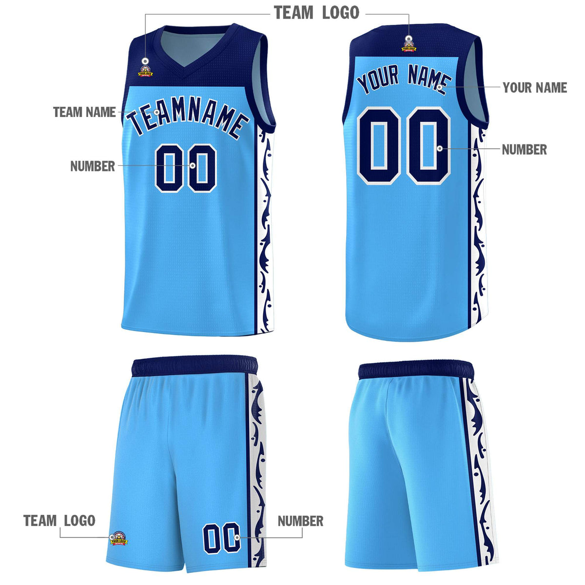 Custom Light Blue Side Pattern Sports Uniform Basketball Jersey