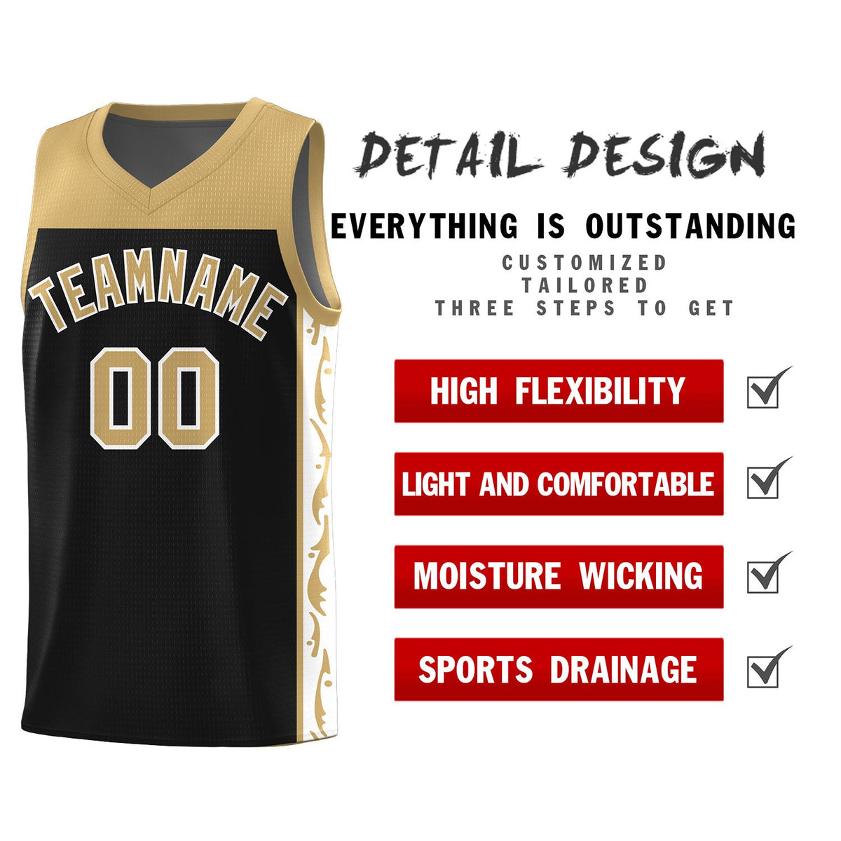Custom Black Side Pattern Sports Uniform Basketball Jersey