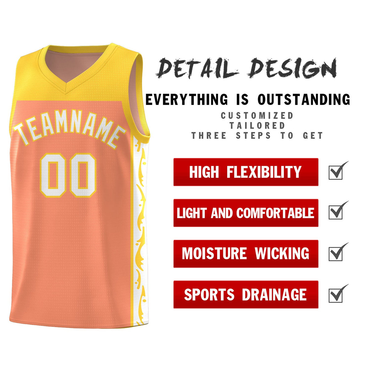 Custom Gold Orange Side Pattern Sports Uniform Basketball Jersey